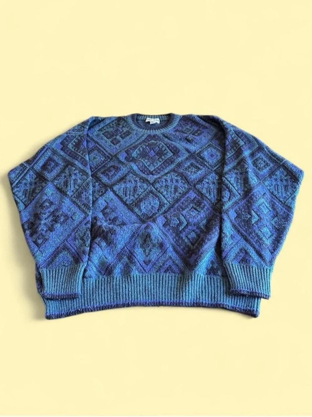 Vintage Alfani Geometric Knit Sweater Blue Green Men’s XL Tall Crewneck